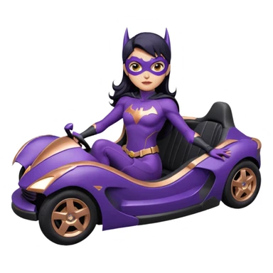  proportionally correct, real-appearance racing adult BatGirl’s feminine midnight-purple tight outfit sixty’s tv show 2032 stealth retro cat burglar sporty petite off-road pursuit floating black hover car with rose gold accents (black hair,reclined and relaxed seating position and attitude) sticker