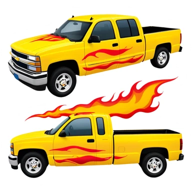 Yellow 1997 Chevrolet C-2500 Crew Cab Silverado with airbrushed red flame artwork on the hood and front fenders, custom painted flames like in Kill Bill movie, 30-degree view, iOS emoji style sticker