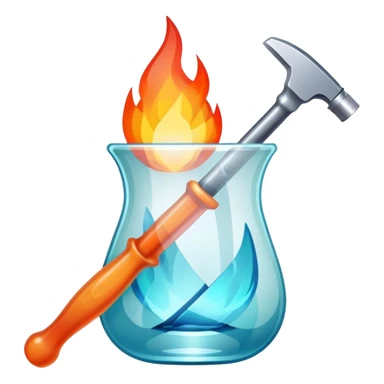 Glassworking icon, piece of glass being shaped with tools, glass cutter, flame for glassblowing, smooth edges, sparkling texture, minimalistic style, clean lines, transparent background. sticker