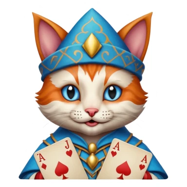 crazy colorful cute little cat jolly joker from poker, medieval, vintage, court jester, mac os icon, blue color, holds poker cards sticker