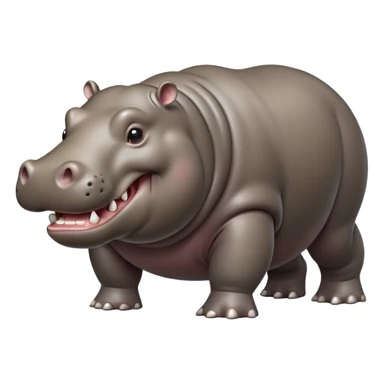 cinematic-hippo-realistic-full-body side view-standing on all fours-emoji,-massive-round-frame,-wide-mouthed-grin-exposing-huge-teeth,-head-tilted-dramatically,-thick-greyish-brown-hide-glossy-from-water,-simplified-yet-realistic-focused-features,-highly-detailed,-glowing-with-an-almost-sarcastic-glow sticker
