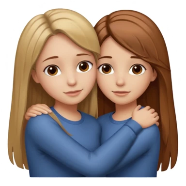Two girls are hugging. One has dirty blonde hair with a little reddish in it. She has also grey eyes. Her hair is long and straight. The other girl has dark brown hair with hazel eyes sticker