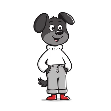 Brown dog standing upright with hands in jean pockets, wearing a white sweater and red shoes sticker