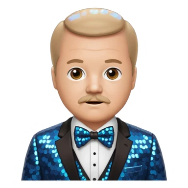 Kyle Gass with dark blonde hair, brown sequin suit with bow tie sticker