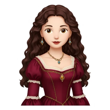 Renaissance lady – long dark brown wavy hair, burgundy gown with lace neckline sticker