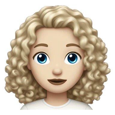 very pale skin, curly dark blonde hair, blue eyes, big lips, white shirt sticker