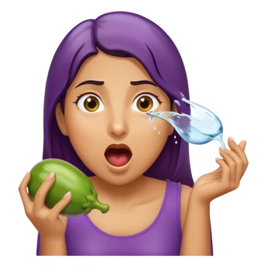 surprised woman eating an eggplant, eggplant squirting a stream of water, expressive face sticker