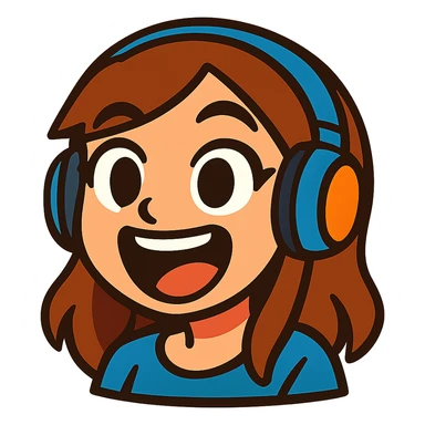 brown-haired gamer girl, excited expression, headphones, head only, emote sticker
