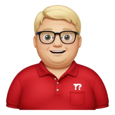 Fat blonde man missing front tooth and wearing glasses in red polo and black pants with a text bubble saying hi I’m Preston the alignment tech  sticker