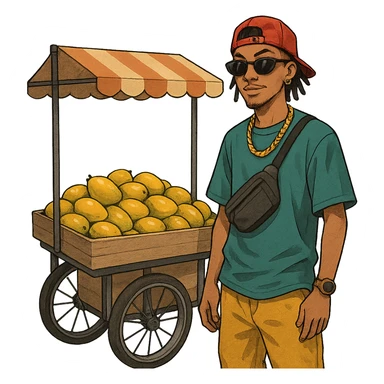 a young man selling mangoes, wearing hip street clothes and accessories, standing by a fruit cart sticker