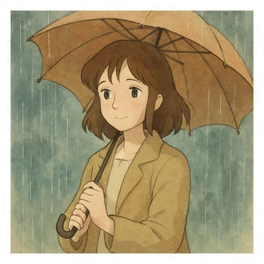 ghibli style girl with umbrella in the rain, gentle, atmospheric, soft rain effects sticker