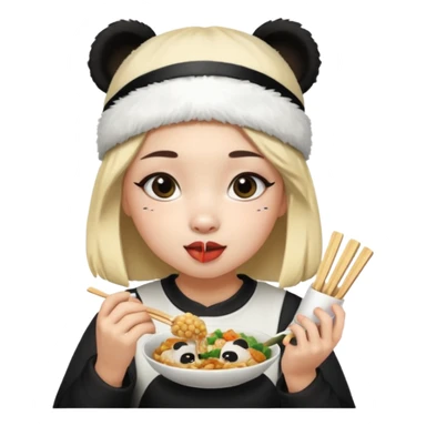 girl wearing panda headband eating asian food sticker