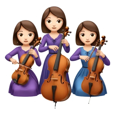 Create an imagine of three brunette women playing string instruments, the first is playing a cello, the second is playing a viola and the third is playing the violin sticker