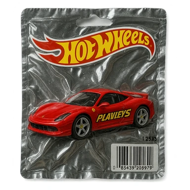 red Ferrari car with the word 'PLAVLEYS' in racing style lettering on the side, inside a Hot Wheels blister package, glossy and puffy, vacuum-sealed style sticker