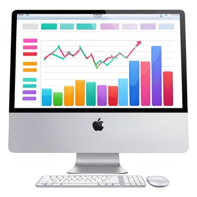 iMac computer with bar charts and beauty products inside the screen sticker