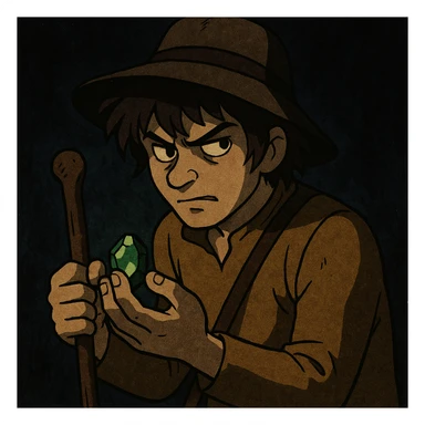 Peter the goatherd from the 1978 Heidi series, as a suspicious character, holding a mysterious object, vintage anime style, with a dark twist sticker
