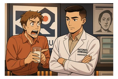 fai un webtoon manga a colori con questo stile, in cui un uomo chiede al kinesiologo con il camice bianco (fagli anche la scritta "ANTONIO ANANIA" SUL CAMICE, una domanda e il kinesiologo gli risponde, L'UOMO INDICA IL BICCHIERE DI LATTE CHE HA IN MANO ED è MOLTO ALLARMATO NEL FARE LA DOMANDA. non fare i fumetti però, fai solo in modo che sembri stiano parlando sticker