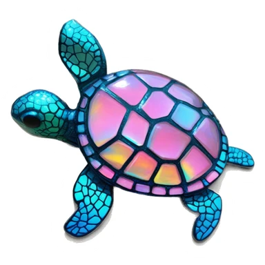 Sparkling cyan pink Turtle made from kaleidoscopic rainbow oilslick cyan glass, stained glass art sticker