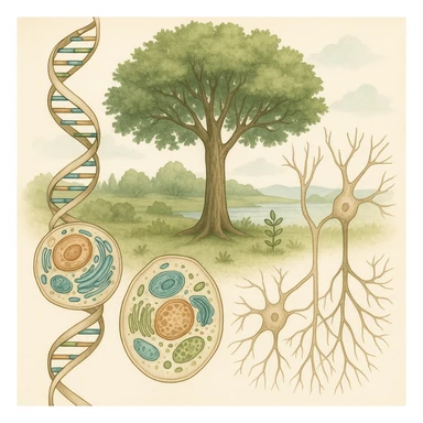 A realistic biological illustration (like in a school book) showing: DNA strands transitioning into a tree, cells with visible organelles, neurons connected to plant roots  and a balanced ecosystem background . Seamless integration, no labels or borders. Scientific color scheme, detailed but minimalist. sticker