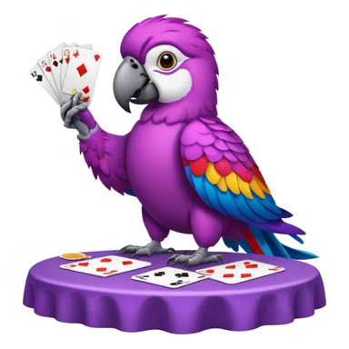 purple parrot sitting at a table with playing cards sticker