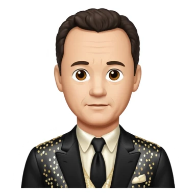 Tom Hanks with dark brown hair, ivory sequin outfit sticker