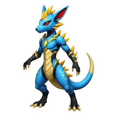 Modern anthropomorphic furry futuristic shiny colorful Zeraora-Salandit-Guilmon-Zekrom-fusion (full body) sticker