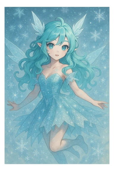 ice fairy with aqua-colored eyes and hair, sparkling icy dress, floating, whimsical, fantasy style sticker