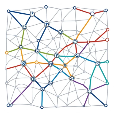 simple transportation network map with intersecting colored lines and nodes, transit or traffic network sticker