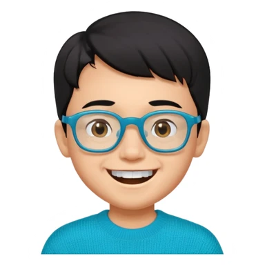Chico de 7 años, pelo negro y repeinado, piel oscurita pero no mucho, gafas rectangulares azules, sonriente sin 1 diente, jersey verde turquesa y ojos algo rasgados sticker