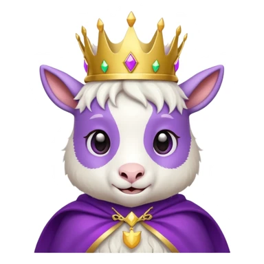 cute goat with small gold crown and purple cape, simple friendly emoji style sticker
