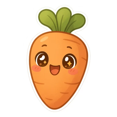 chibi sticker-style carrot, cute and exaggerated, with a big smile and sparkling eyes sticker