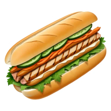 traditional banh mi with char grilled pork emoji 


    Very crusty baguette

    Mayo 

    Pickled carrot 

    Cucumber, coriander/cilantro, green onion, chilli 
 sticker