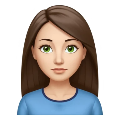 43 year old Adult woman avatar, light skin tone, long, oval face, long straight ashy brown hair, green almond-shaped eyes with dramatic eyelashes and minimal eyeliner, neutral mouth, medium straight eyebrows, small nose, smooth skin, sky blue blouse sticker