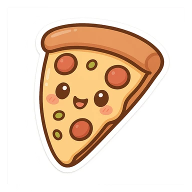 chibi sticker-style slice of pizza with a smiling face, cute and exaggerated sticker