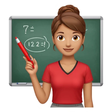 Happy instructor female brown hair whit board hair up red shirt sticker
