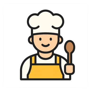 chef icon with chef hat and apron holding a spoon, clean and modern style sticker