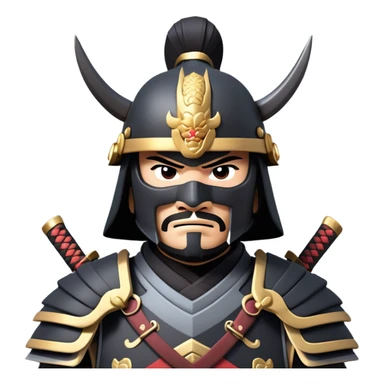 clash-of-clans-aesthetic_-cinematic-fearsome-and-majestic-samurai-bust-portrait-emoji, rendered in a flat, vector-style with minimal shading and bold, simplified shapes typical of emoji art, depicting a battle-hardened samurai with black mask and traditional black Japanese armor. The samurai is riding a noble grey warhorse adorned with an intricately designed saddle and fluttering banners and a rising sun. a samurai riding on a  horse zoomed in sticker