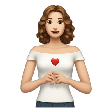 white woman with shoulder-length wavy brown hair, wearing an off-shoulder top, and making heart with her hands sticker
