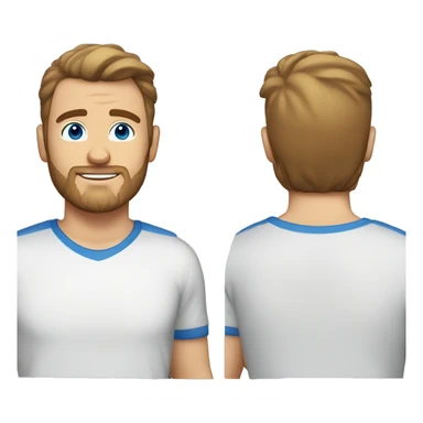 A head and shoulders shot of a 33 year old white man, with short brown hair, with stubble facial hair,   with blue eyes wearing a t-shirt. sticker