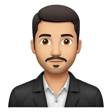 Attractive Hispanic TV host in his mid to late 40s with light brown skin, short straight black hair with pronounced fade haircut, stubble/scruff facial hair instead of full beard, square handsome face with strong jawline, friendly expression, wearing open black jacket with white buttoned shirt sticker