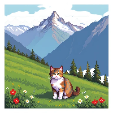 cat on an alpine meadow with Swiss mountains in the background sticker