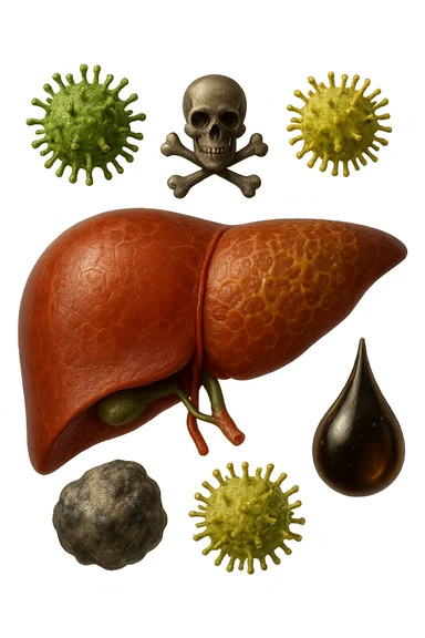 fegato umano anatomico con tossine che gli fluttuano intorno, iperrealistico 4k sticker