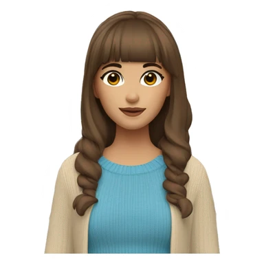 A girl with brown hair, with bangs to the right and left, in a beige sweater in the Atomy cosmetics store with blue booves sticker