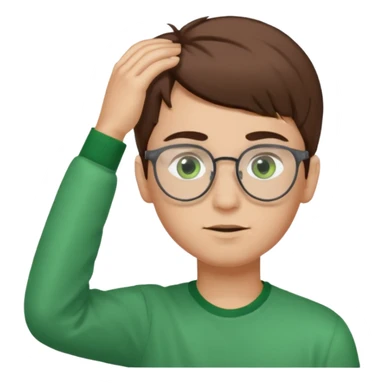 Boy with brown hair green eyes light skin think eye brows and glasses fixing his hair  sticker