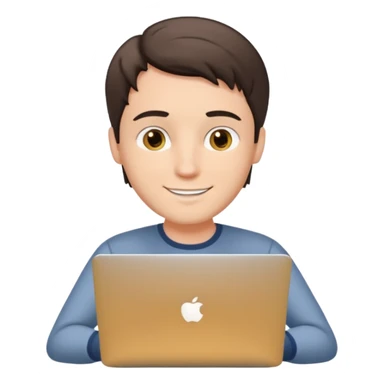 A white brunette man in his mid 20s, middle parted short hair, average dude with slightly droopy eyes, happy, using a silver laptop (no logo) sticker