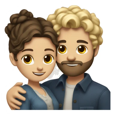 Brunette girl with wavy hair hugging blond boy whit a beard lovingly couple sticker