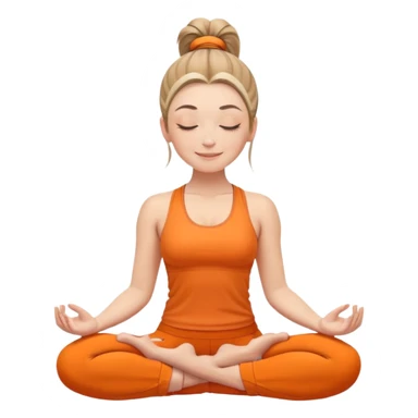 white woman with ponytail hairstyle, sitting in lotus position, eyes closed with a subtle happy smile, wearing orange yoga outfit sticker