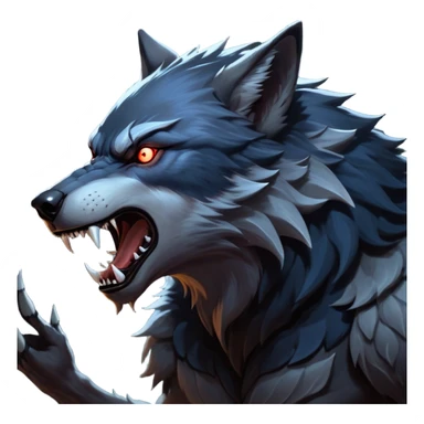 cinematic-noble-fierce-werewolf-howling-portrait-emoji, poised-and-imposing, with a fierce wolfish face tilted upwards in a haunting howl, glowing eyes full of primal ferocity, sharp, elongated fangs bared, and a rugged snout, fur rippling in shades of midnight black and silver, muscles tensed as the powerful howl echoes beneath the moonlit sky; rendered with realism, capturing the raw, untamed power of the beast in its wild, primal state sticker