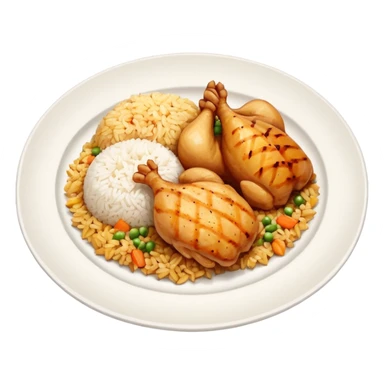 a white plate with a serving of rice and chicken, simple and colorful, arranged like a real dish sticker