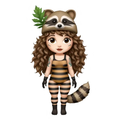 full body woman long curly brown hair brown eyes white skin tattoos wearing raccoon hat and striped leaf bodysuit sticker